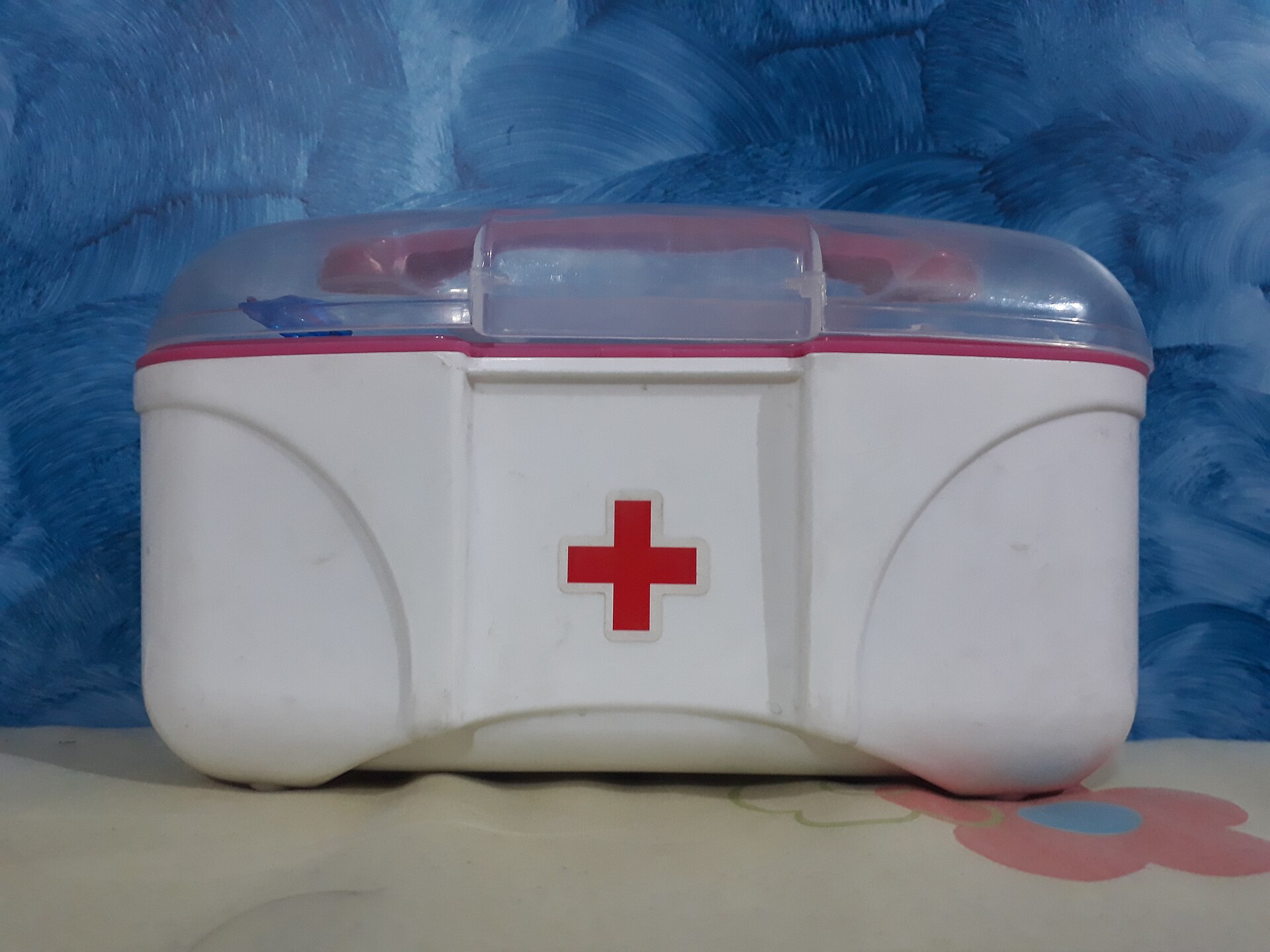 An open pet first aid kit with bandages, saline and a written emergency card
